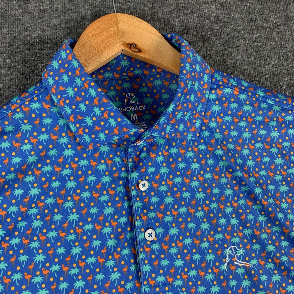 Rhoback Polo Men Medium Snow Bird Flamingo AOP Palm Tree Golf Performance Preppy